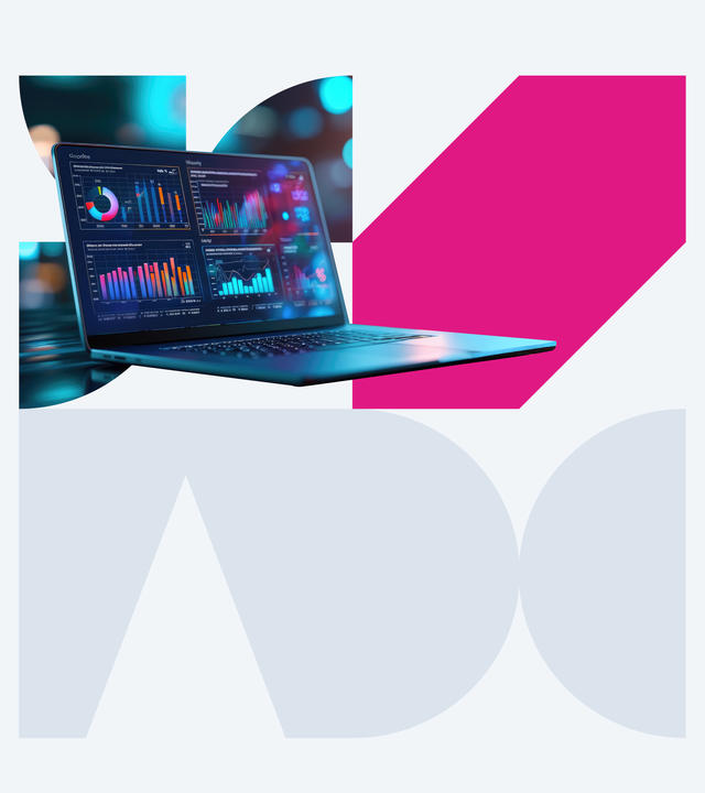 Image of a laptop with charts representing the market